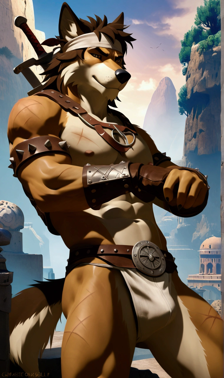 Solo Sexy anthro furry wolf male; ancient Mediterranean desert warrior; slim mesomorph handsome model apperance apperance; boy's messy short hair headband; sexy toned muscules; sword scars; worn out rusty sexy skimpy armament. He has low on hips heavy leather studded heavy belt. he has narrow in the crotch very old worn out jockstrap (smelly jockstrap fetish); His jockstrap it is made of old white linen material sewn together from a few pieces, it has never been washed, it is dirty and has stains from secretions of dried semen and sweat; His armor is old heavy brown harness with armlets studded with spikes; he has old brown leather BFR Bands on Biceps and his thighs, he has old worn out fingerless leather gloves. Even though he is a handsome and sexy man, he has a sloppy appearance, has disheveled unwashed dirty fur, dirty body look. He stands proudly bravely with one foot on a higher stone in the Mediterranean sunny pine forest; he has a proud, threatening and defiant expression on his face, with little dirty dangerous smile;