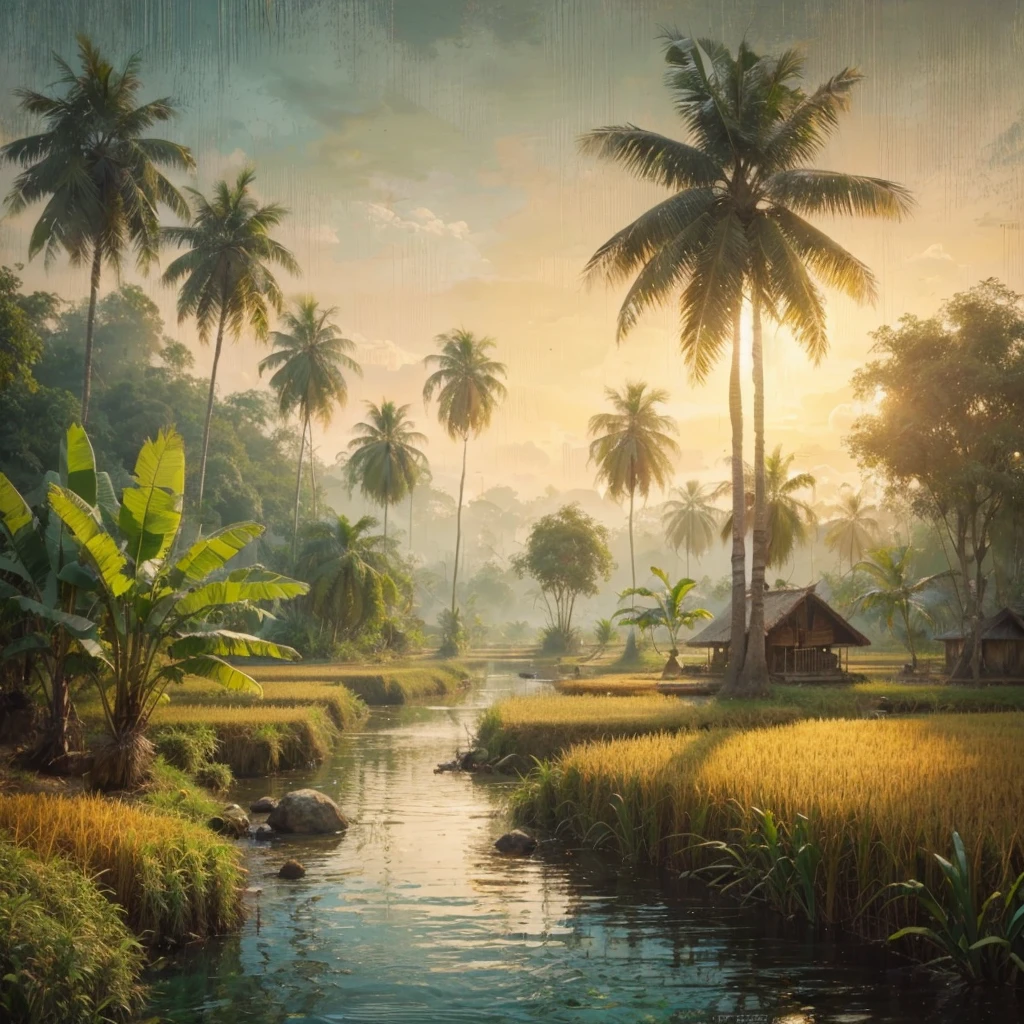 pallet knifehard palette painting, in a village in Kalimantan, Indonesia, there was a village community in 1935, several simple wooden houses with black thatch roofs , there is a forest, tall trees with big roots and low trees, banana tree, little human activity, dressed modestly, it started to get dark in the afternoon, there are rice fields and small lakes, Real picture, naturalistic, canvas base, palette knife, Raden Saleh style 1930 era., Affandi style."