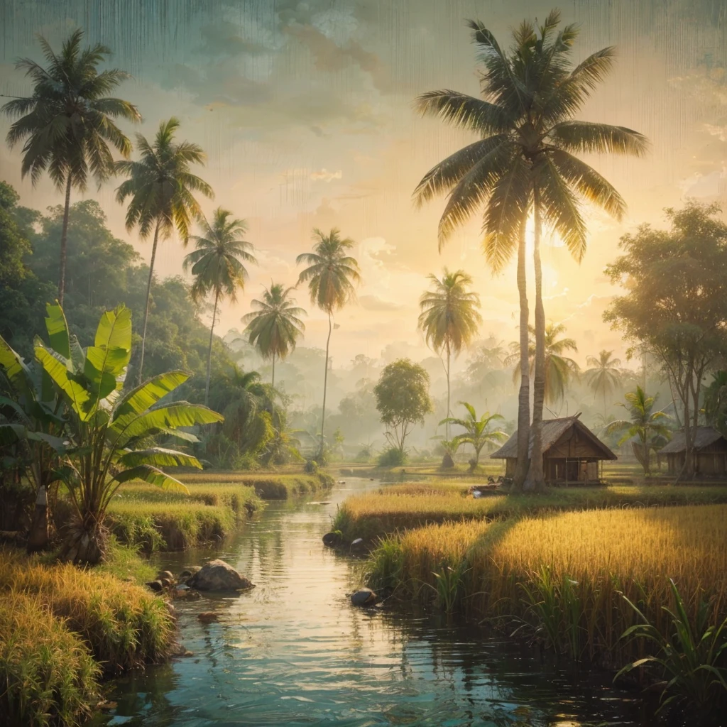 pallet knifehard palette painting, in a village in Kalimantan, Indonesia, there was a village community in 1935, several simple wooden houses with black thatch roofs , there is a forest, tall trees with big roots and low trees, banana tree, little human activity, dressed modestly, it started to get dark in the afternoon, there are rice fields and small lakes, Real picture, naturalistic, canvas base, palette knife, Raden Saleh style 1930 era., Affandi style."