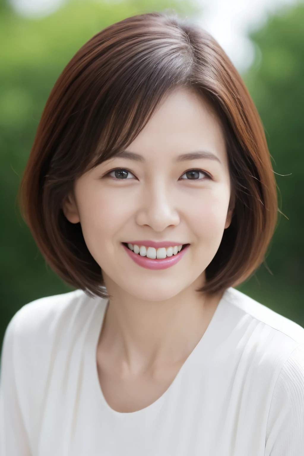 Standing in the park, Wrinkles around the eyes, Smiling with teeth showing, Plain short-sleeved clothing, senior citizen, Draw lips correctly, Red lipstick, No discomfort, 16K, Highest quality, Very detailed, Realistic, Very detailed肌, (Japanese), (alone), 60 years old, Large Breasts, , Glamour, sexy, Chromo White Skin, Staring straight ahead,