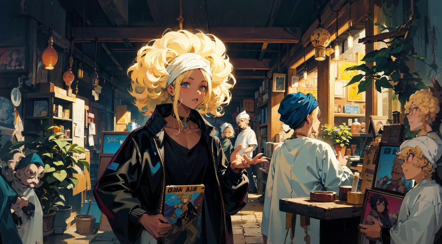 A mixed race woman with blond Afro with black jacket and white teeshirt, a white guy with turban on his head, by night in an old mystical shop, anime style, manga style, anime, Focale 35mm,