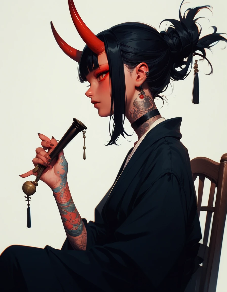 (score_9, score_8_up, score_7_up), zPDXL, 1 girl, alone, profile, pensive look, simple background, dark room, sitting on chair, snake eyes, upper body, tied hair, black hair, simple clothes, horns, white shirt, holding incense, tattoos, incense releasing smoke, black choker, background of a room, red oni horns, face resting on hand, black kimono, blunt bangs, dark aura, tattoos all over body, side view