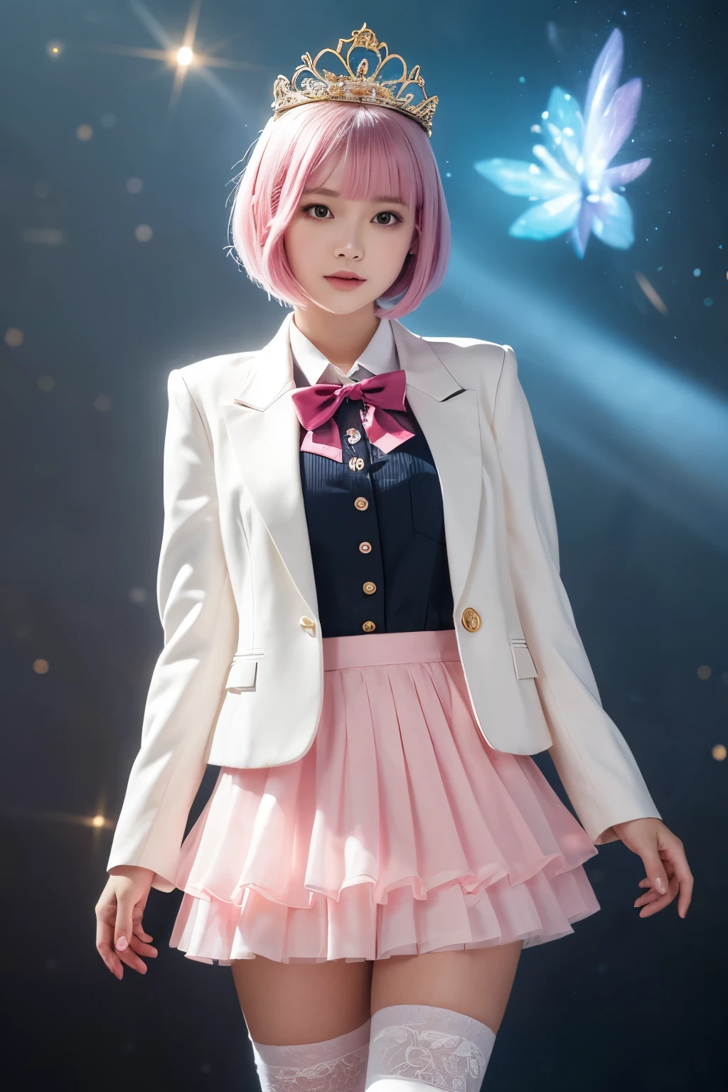 The focus of this image is、A young woman with a pink wavy bob hairstyle。She wears a playful, colorful outfit that blends elements of school uniforms with a fantasy aesthetic.。The costumes are、Light blue blazer with gold accents and emblem on chest pocket、And it features gorgeous buttons.。Underneath it is、She is wearing a white lace blouse that gives a delicate impression.。The pink bowtie、It matches with a fluffy and layered tutu skirt.、Adds a fun, dreamy element to the outfit。She also、White knee-high socks with lace details、She wears a silver tiara that gives her a princess-like look.。The background is a dark gradient、The star-like sparkle is subtly scattered throughout、It emphasizes the magical and dreamy atmosphere of the image.。