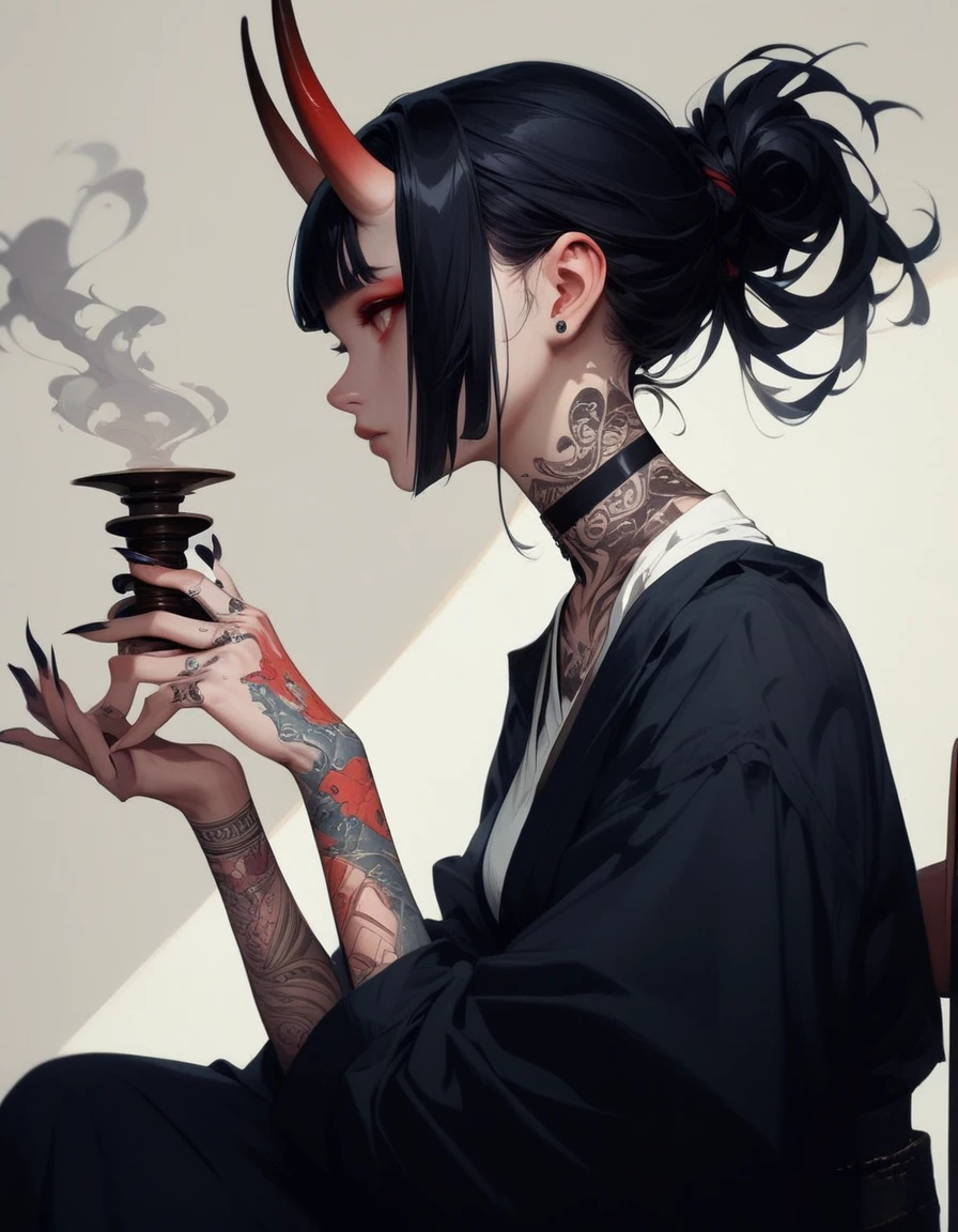 (score_9, score_8_up, score_7_up), zPDXL, 1 girl, alone, profile, pensive look, simple background, dark room, sitting on chair, snake eyes, upper body, tied hair, black hair, simple clothes, horns, white shirt, holding incense in hand, tattoos, incense releasing smoke, black choker, background of a room, red oni horns, face resting on hand, black kimono, blunt bangs, dark aura, tattoos all over body, side view