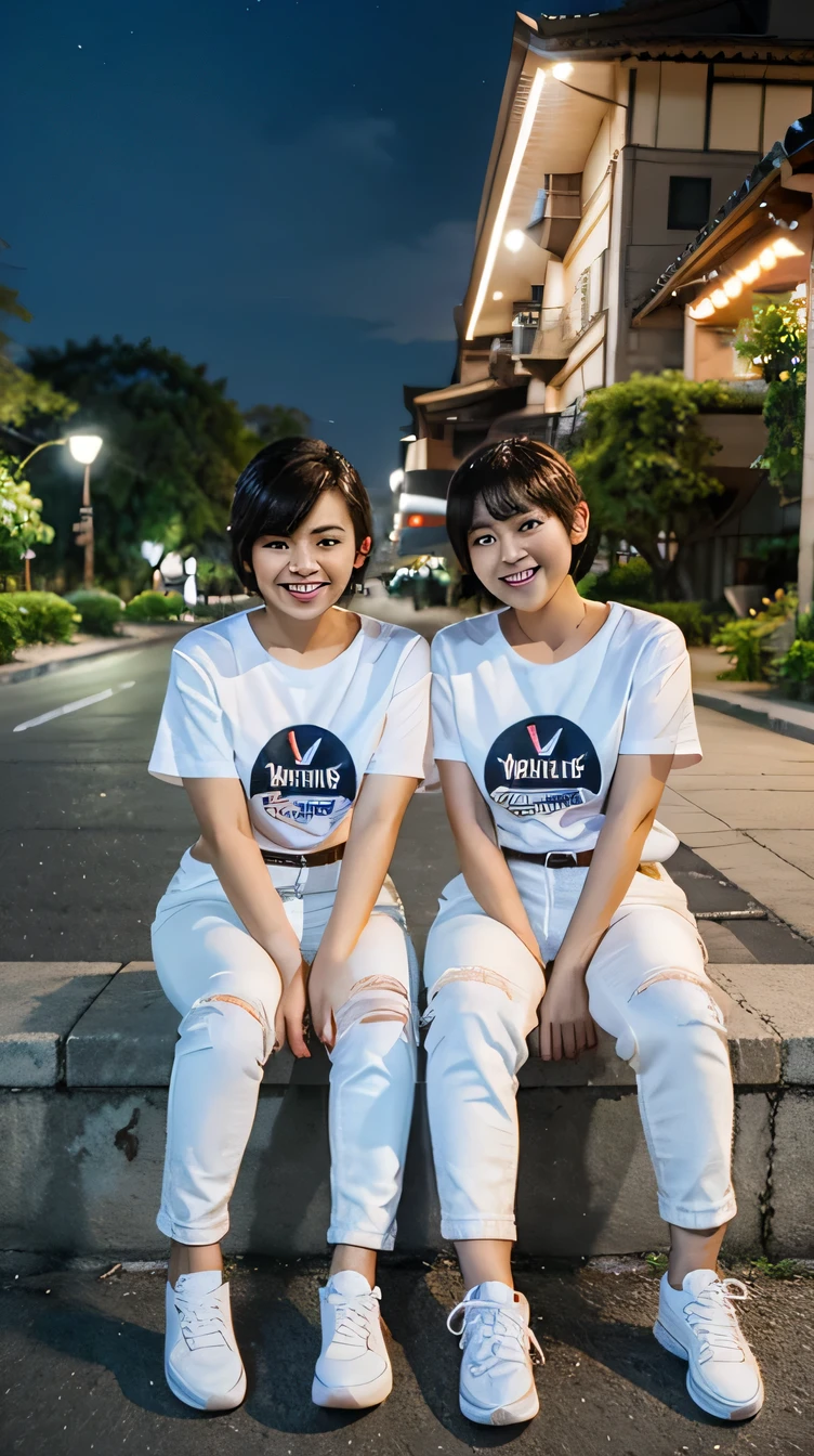 Two Filipino women wearing t-shirts, white jeans and sneakers、smile、Short Haircut、The background is night and Korean park.