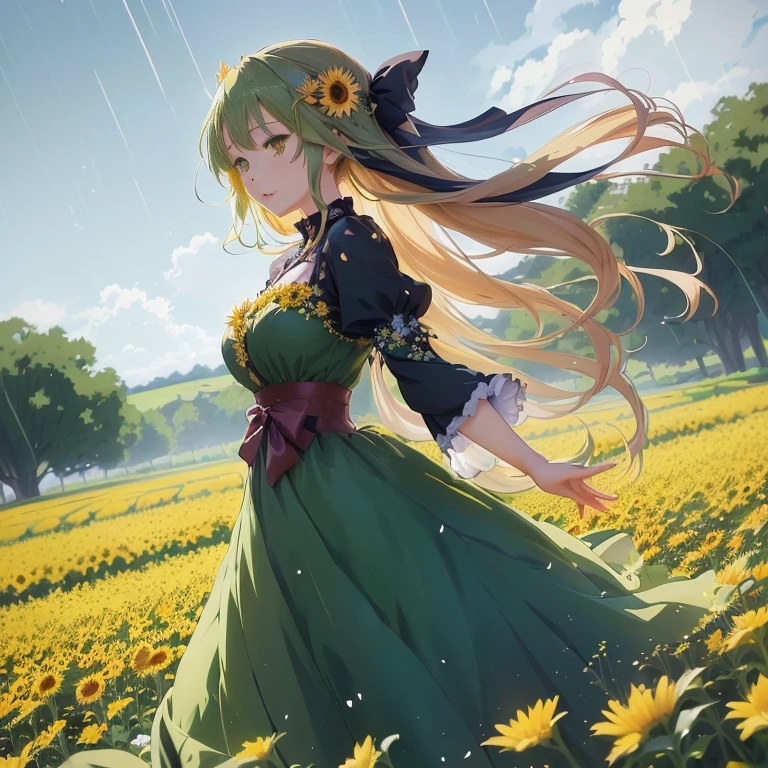 anime girl in green dress walking through a field of yellow flowers, beautiful anime girl, anime girl with long hair, beautiful anime, beautiful sunflower anime girl, beautiful anime artwork, anime style 4 k, beautiful anime art, hd anime wallaper, cute anime waifu in a nice dress, high definition anime art, 4k anime wallpaper, anime art wallpaper 8 k