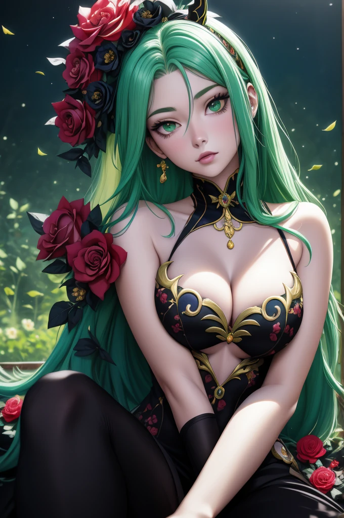 Exquisite and charming anime style illustration, Broly bat fusão com "Avril Lavigne" dark fênix in the roses black flower bed, a beautiful girl with gold red neon short espetado hair, fine green eye, half body, hiding in the flowers dark black , colorful and dazzling black . Intricate details, rendering and painting techniques come together to create a mesmerizing scene that evokes elegance and otherworldly elegance.