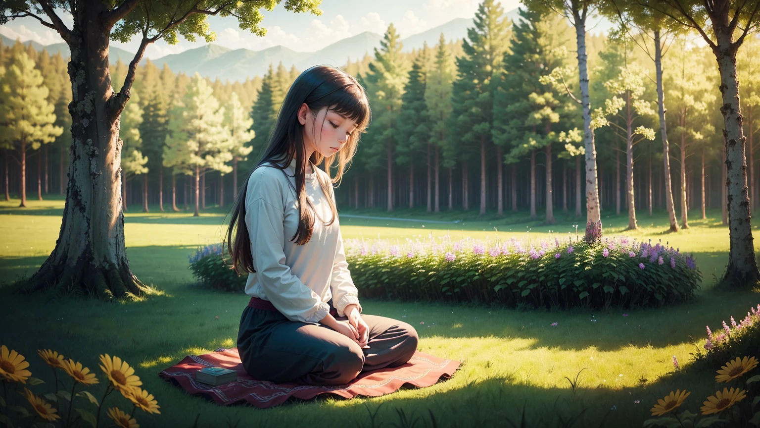 A photo of a girl meditating, surrounded by nature, like a peaceful forest or a field full of colorful flowers..
This image conveys a sense of serenity, connection with nature and an atmosphere of peace, which is consistent with the tone of the prayer.