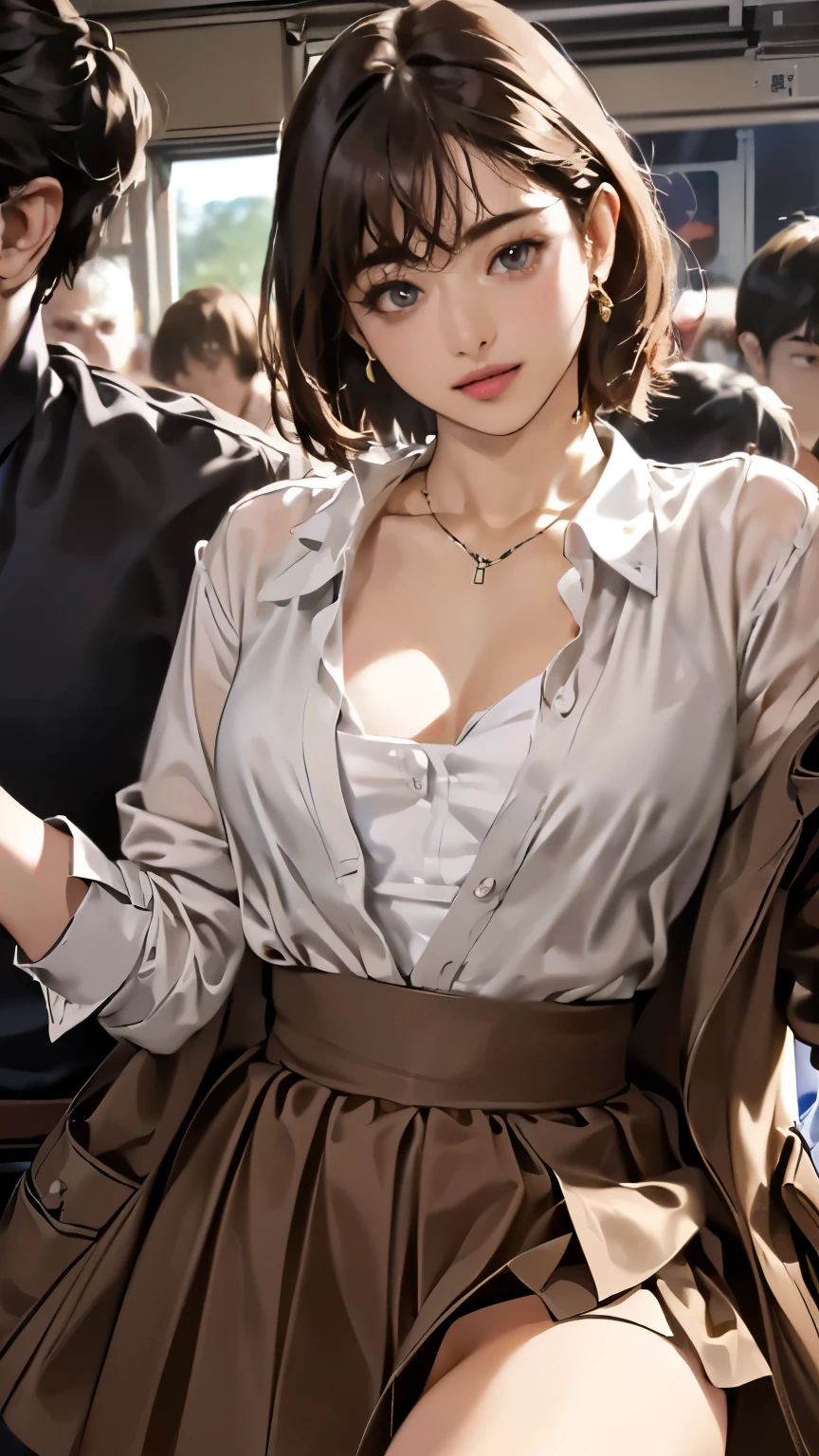 (In 8K、RAW shooting、Highest quality、Masseter muscle area:1.2)、Ultra-detailed、Ultra-high resolution、(Realistic、Realistic photos:1.37)、Portrait、High-resolution RAW color photos、Professional photography、hVery detailed and beautiful、Very detailed、8k wallpaper、Incredibly detailed、Large file size、Official Art、HVery detailed CG Unity 8K wallpapers、hVery detailed beautiful girl、Very detailed顔、Very detailed目、Very detailed皮膚、Very detailed指、hVery detailed nose、Very detailed詳細な口、Perfect Anatomy、Detailed Background、Detailed clothing、1people、(20:1.2)、20th Generation、cute、Realistic body、、White skin、Glowing Skin、The body is slim、Black Hair、((short hair))、((Neat bangs: 1.5))、cute顔、A vivid face、Delicate eyes、((Full nudity:1.5 appearances))、((Black Mini Skirt))、((Plain Feet))、((Full Body Shot))、Earrings、necklace、((Unbuttoned shirt))、((Open shirt))、Cowboy Shot、Contrapo、Dynamic Lighting、((Firm D-cup milk))、((In a crowded train))、((male1people))、((30:1.5))、((a man hugs her from behind))、((maleがシャツを開ける、Exposing the breastaleの首に腕を回す))、((a man is grabbing her breasts))、((Standing posture))、(The mini skirt sways sexily: 1.3)、(白いOpen shirt:1.5)、((Sad look))、((She turned around and kissed the man.))、((maleの視点))、((necklace、Earrings))