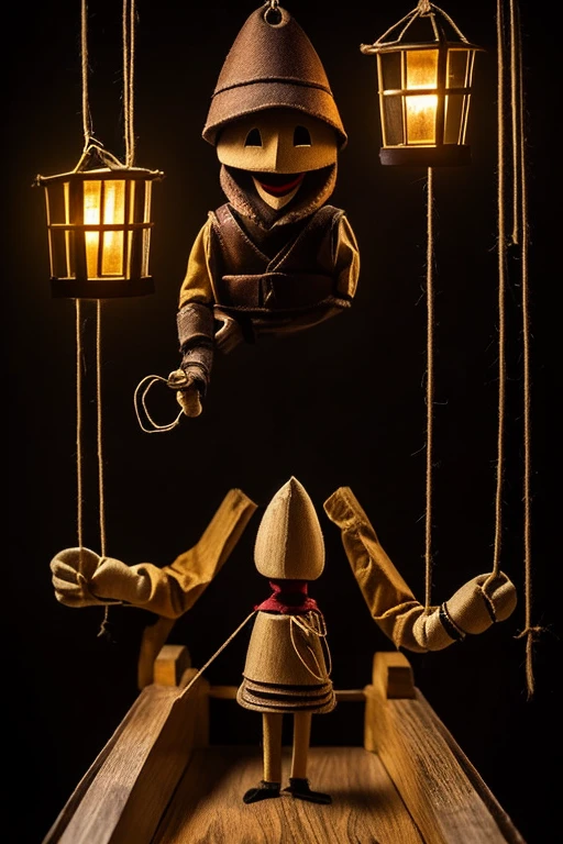 Make an image showing a wooden puppet being moved by strings,with the puppet being moved by a scary hand,remember that it should only show the puppet and the hand and behind a dark background,the image has to be medieval rgp style