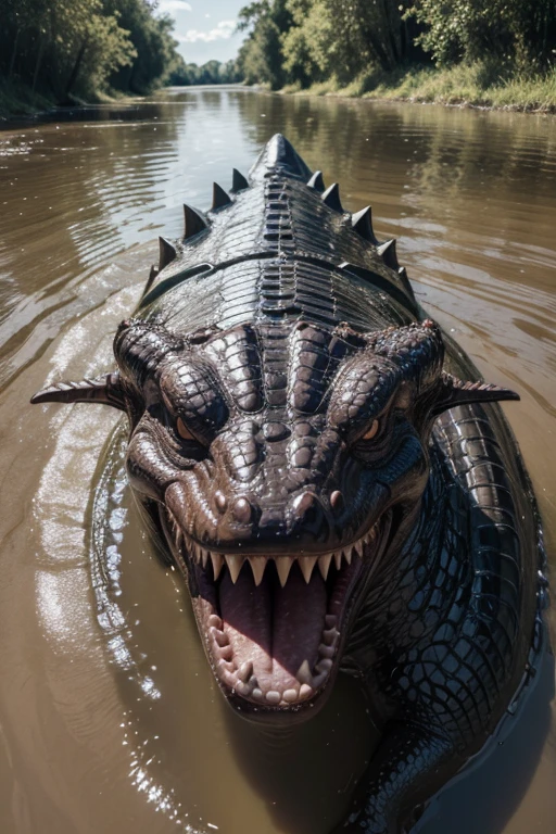 infernal crocodile appearing near the canoe in a river full of mud scared people 8k image