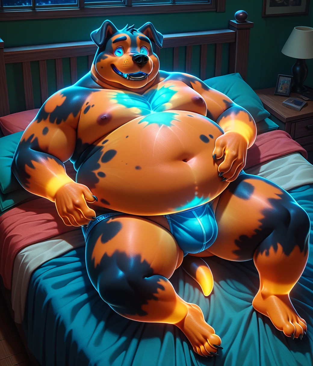 (cute, fat, obese, anthro, male, dog), night, nude, fullbody, lying at bed, smile, (((skin glowing mad-glowtiedye))), underwear, highly detailed, intricate details, best quality, masterpiece, ambient lighting, detailxl