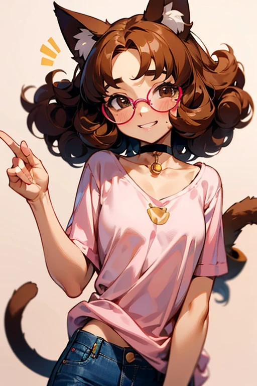 young woman, アニメ, very curly hair, curls, curls, dark brown hair, long hair, hair flying, Caucasian skin, brown dark eyes, Cat's ears, cat syrup, round golden glasses, little pink blouse, jeans, choker, cheerful grin, pinky skin, blush cheeks, sexly, nudes