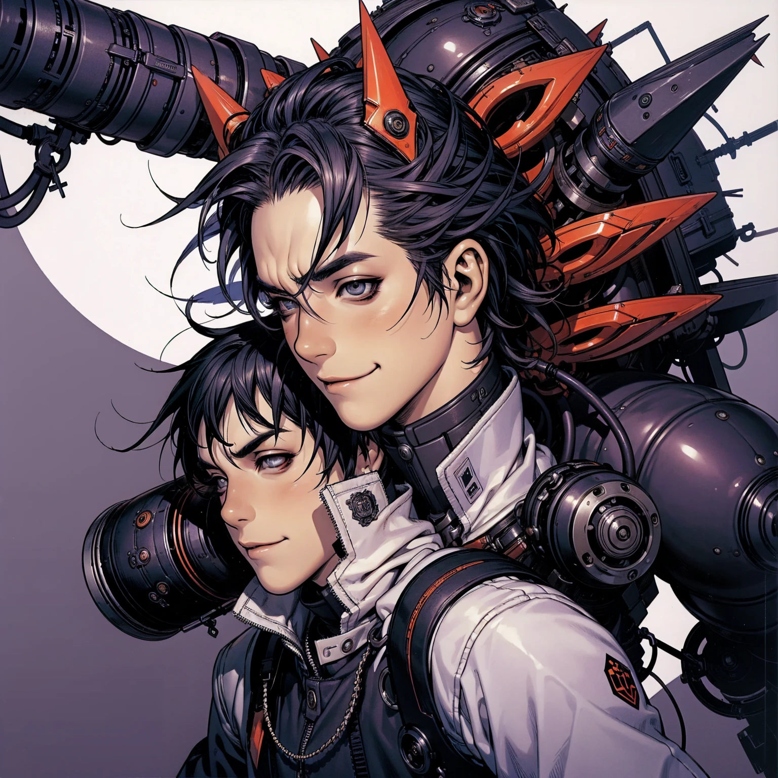 (((best qualityer))), (((manga strokes))), A young boy in cyberpunk style with a futuristic urban outfit, devilish smile, pose de atitude, vampire-like nocturnal creature, manga style spiky hair