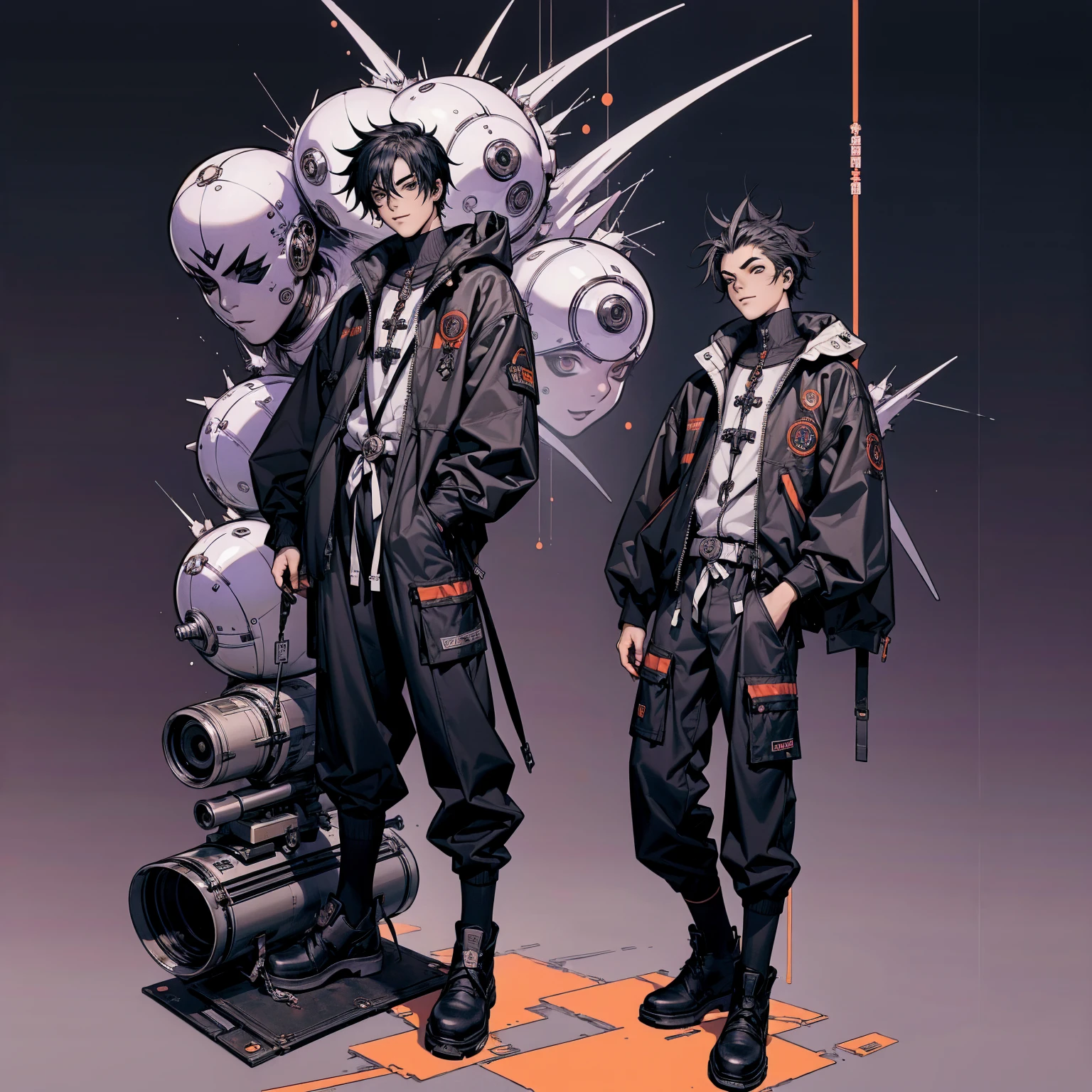 (((best qualityer))), (((manga strokes))), A young boy in cyberpunk style with a futuristic urban outfit, devilish smile, pose de atitude, vampire-like nocturnal creature, manga style spiky hair