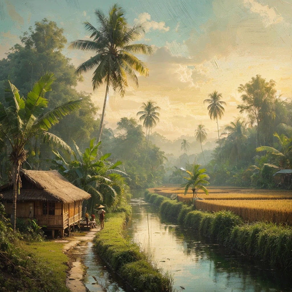 pallet knifehard palette painting, in a village in Kalimantan, Indonesia, there was a village community in 1935, several simple wooden houses with black thatch roofs , there is a forest, tall trees with big roots and low trees, banana tree, little human activity, dressed modestly, it started to get dark in the afternoon, there are rice fields and small lakes, Real picture, naturalistic, canvas base, palette knife, Raden Saleh style 1930 era., Affandi style."