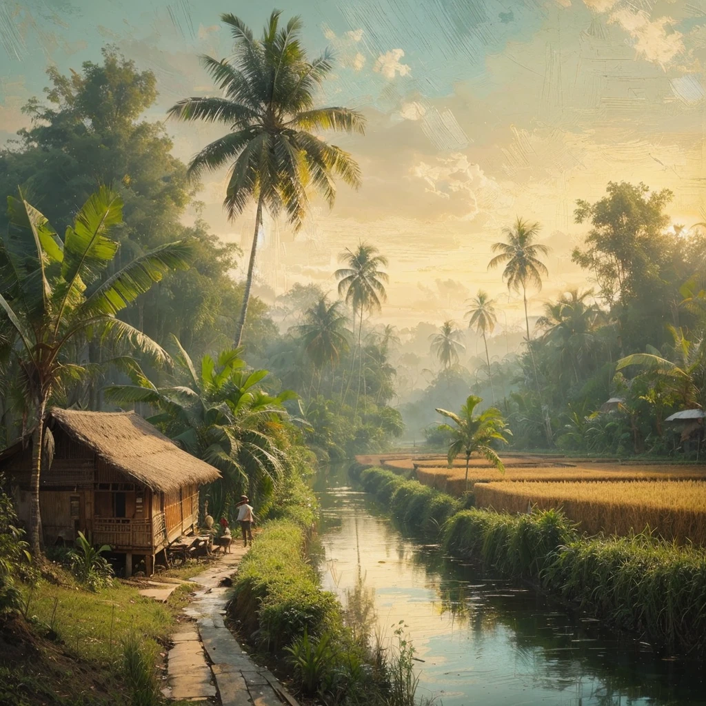 pallet knifehard palette painting, in a village in Kalimantan, Indonesia, there was a village community in 1935, several simple wooden houses with black thatch roofs , there is a forest, tall trees with big roots and low trees, banana tree, little human activity, dressed modestly, it started to get dark in the afternoon, there are rice fields and small lakes, Real picture, naturalistic, canvas base, palette knife, Raden Saleh style 1930 era., Affandi style."
