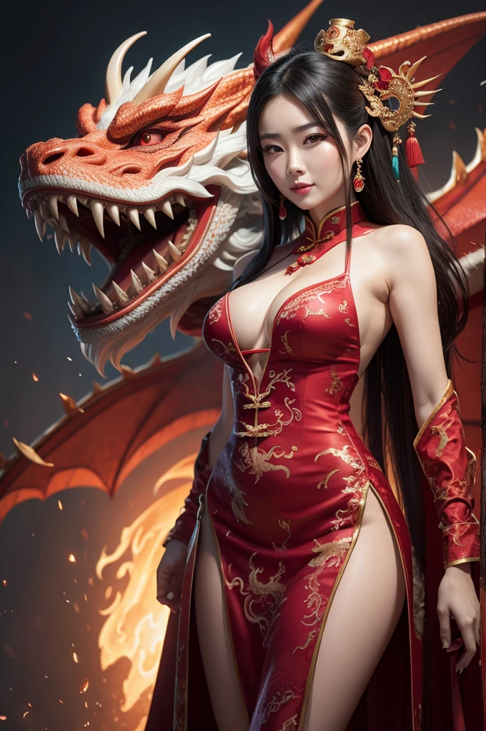 chinese dragon next to woman