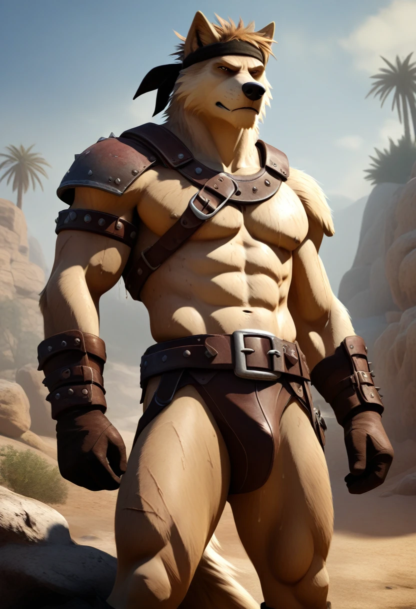 Solo Sexy anthro furry wolf male; ancient Mediterranean desert warrior; slim mesomorph handsome model apperance apperance; boy's messy short hair headband; sexy toned muscules; sword scars;  worn out rusty sexy skimpy armament. He has low on hips heavy leather studded heavy belt. he has narrow in the crotch very old worn out jockstrap (smelly jockstrap fetish); His jockstrap it is made of old white linen material sewn together from a few pieces, it has never been washed, it is dirty and has stains from secretions of dried semen and sweat; His armor is old heavy brown harness with armlets studded with spikes; he has old brown leather BFR Bands on Biceps and his thighs, he has old worn out fingerless leather gloves. His armor is in ruin, it is very very old and dirty, rusted, dirty, old worn out, rusty breastplate. Even though he is a handsome and sexy man, he has a sloppy appearance, has disheveled unwashed dirty fur, dirty body look. he smells, he has stains from old blood, dirst, cum, mud, smelly furr, disgusting bastard looking.He stands proudly bravely with one foot on a higher stone in the Mediterranean sunny pine forest; he has a proud, threatening and defiant expression on his face, with little dirty dangerous smile; He has low on hips heavy leather studded heavy belt. he has narrow in the crotch very old worn out jockstrap (smelly jockstrap fetish); His jockstrap it is made of old white linen material sewn together from a few pieces, it has never been washed, it is dirty and has stains from secretions of dried semen and sweat; He has low on hips heavy leather studded heavy belt. he has narrow in the crotch very old worn out jockstrap (smelly jockstrap fetish); His jockstrap it is made of old white linen material sewn together from a few pieces, it has never been washed, it is dirty and has stains from secretions of dried semen and sweat; He has low on hips heavy leather studded heavy belt. 