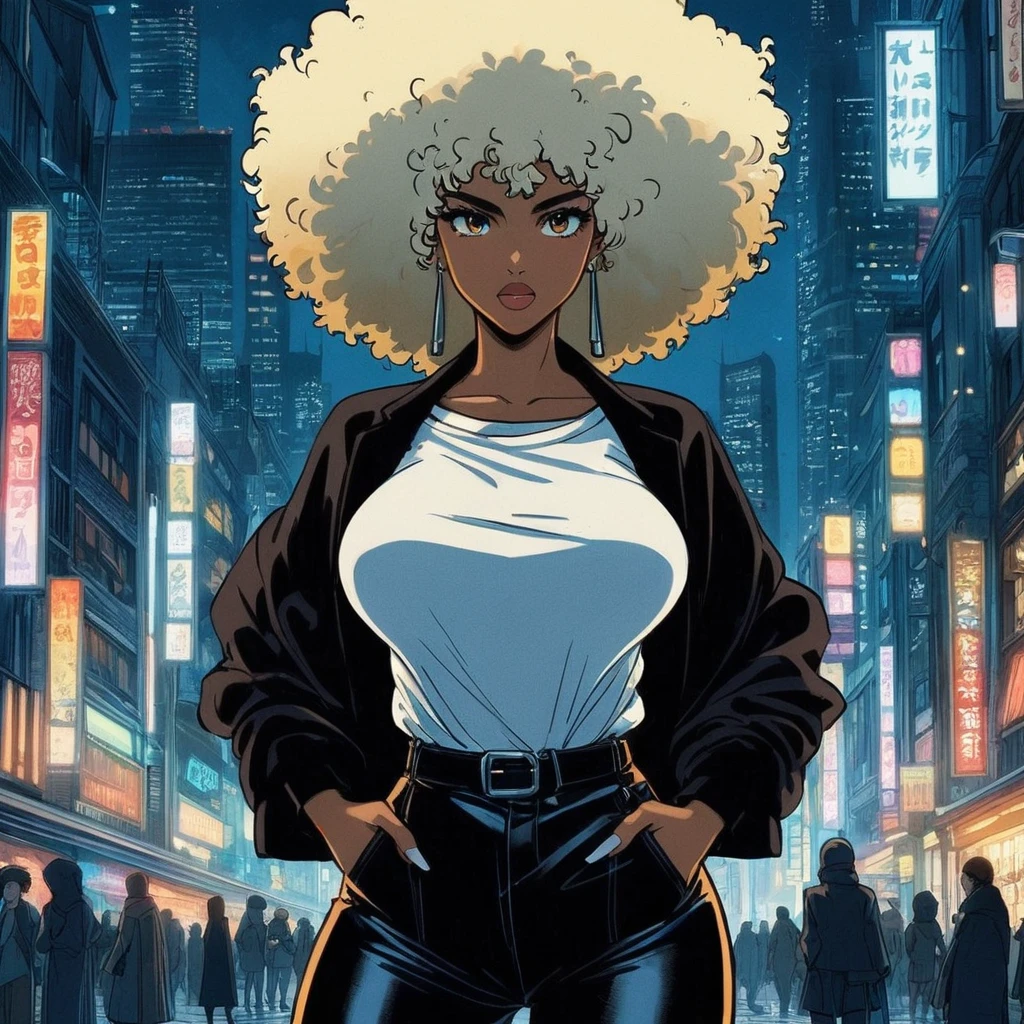 A mixed race woman with blond Afro with black jacket and white teeshirt, a white guy with turban on his head, by night in an old mystical shop, anime style, manga style, 