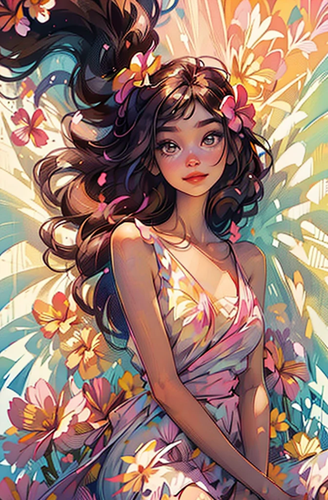 1girl, solo, flower, dress, dark colorful hair, big smile, vibrant colors, plumeria flowers, lying, white silk dress, pink yellow plumeria, on back, lips, makeup, sleeveless, floral print, super detail face eyes lips 