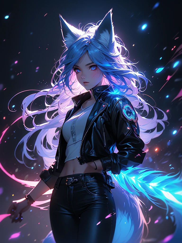 Dark fantasy style, blade runner style, hyperrealistic niji characters, crimson magical effects, cold blue neon color scheme, rain effect, bioluminescence effect, luminescent outline effect, white background, mystical wind effect. ((Fox girl dressed in a black leather jacket and blue jeans, fox ears, fox tail, kitsune, casts a spell, flirtatious)). (perfect details:1.1), (nice and clear background:1.2), (Extremely detailed computer graphics, ultra detailed, best shadow:1.1), (finely detailed beautiful eyes). VFX, cinematic lighting, vibrant colors, photorealistic, concept art style, high quality, 8K, HDR, physical rendering, extreme detail, blur, depth of field, and blurred foreground.