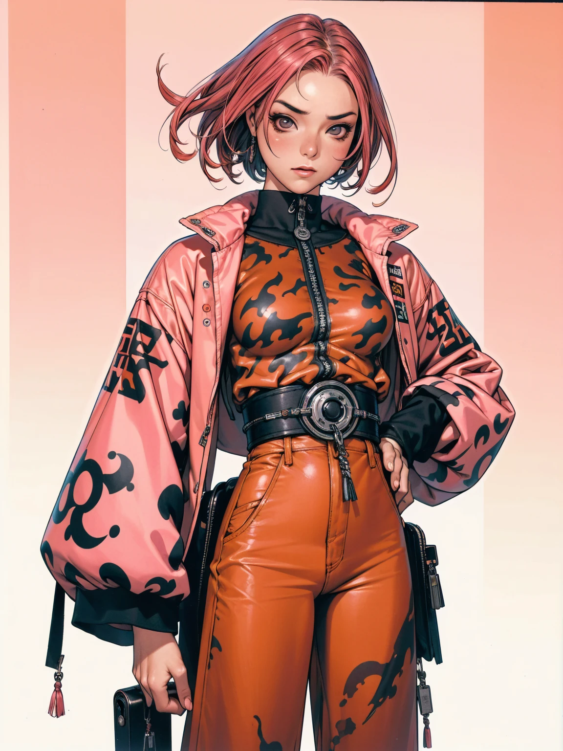(best qualityer))), (((manga strokes))), (((pink hair with red highlights))), (((baggy pants with bone print))), uma Kizi jovem muito bem vestida com roupas modernas de inverno, pants with military camouflage pattern, top gift vertical stripes, short jacket with dark fur collar, beautiful and expressive face, slightly-smile, big eyes with long black eyelashes, heavy make-up, chains and zippers spread across clothes, contrasting colours, pose de atitude, hair with a modern and futuristic cut, urban game poster art, dramatic camera angles, graffiti art elements in the background, design mixing contemporary and retro by Shepard Fairey, (((cowboy shot))), (((best qualityer: 1.4))), (Unbeatable masterpiece), (hiper HD),(CG 8k hyper-realistic), Kizi, (((standing alone))), pirralha violent, ((())), sexly, pose de atitude, work of art, post-apocalypse, (((manga style))), bounty hunter, violent, Manic, the way you want, slenderbody, thin but strong, perfectbody, roupa moderna, advanced technology, neon, sleeves with vertical striped pattern, neutral background, (( cowboy shot )). intricate visual