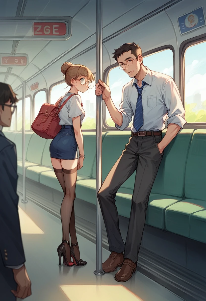 8 men standing around 1 pretty, young, very pretty woman, inside the train car, she is wearing a very short dress, nylon stockings, high-heeled sandals, her hair up in a bun and she is wearing round glasses,