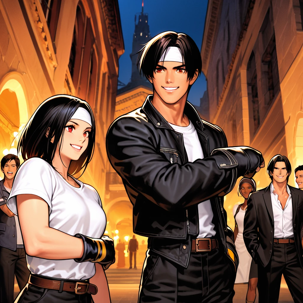 Orochikyo、Dark Skin、2 people、ツーshot、Red eyes、Black jacket（Rolling up his sleeves）、Fingerless gloves、Black Hair、White T-shirt、（（head band））、Black trousers、White shoes、Brown belt、good looking、shot、Charm、masterpiece、High resolution、Detailed face、Fine particles、night、Happy smiling men and women、The French Pantheon in the background、Laughing men and women、Both men and women have the same hair and clothes、内臓shot