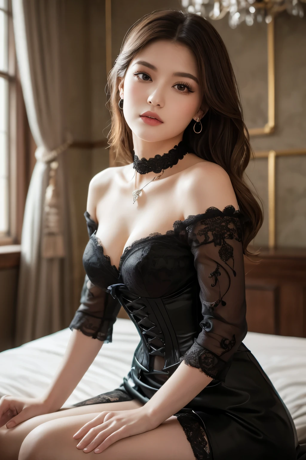 In the center of this image、There is a beautiful young woman with a calm and warm expression.。She has short, loosely curled brown hair.、Natural makeup with pink tones、Highlights delicate features。Her outfit is a gothic style dress.、Black lace choker with silver pendant、Off-the-shoulder black sleeves with lace detailing、Features a silver corset that cinches the waist。The corset has intricate lacing details、It contrasts beautifully with a voluminous black skirt embellished with lace and ruffles.。The background is blurred、It gives the image a dreamy and fantastical feel.。The setting is a luxurious, vintage-style room.、Soft lighting and large windows let in natural light、Highlights the model's features and outfit。かわいい