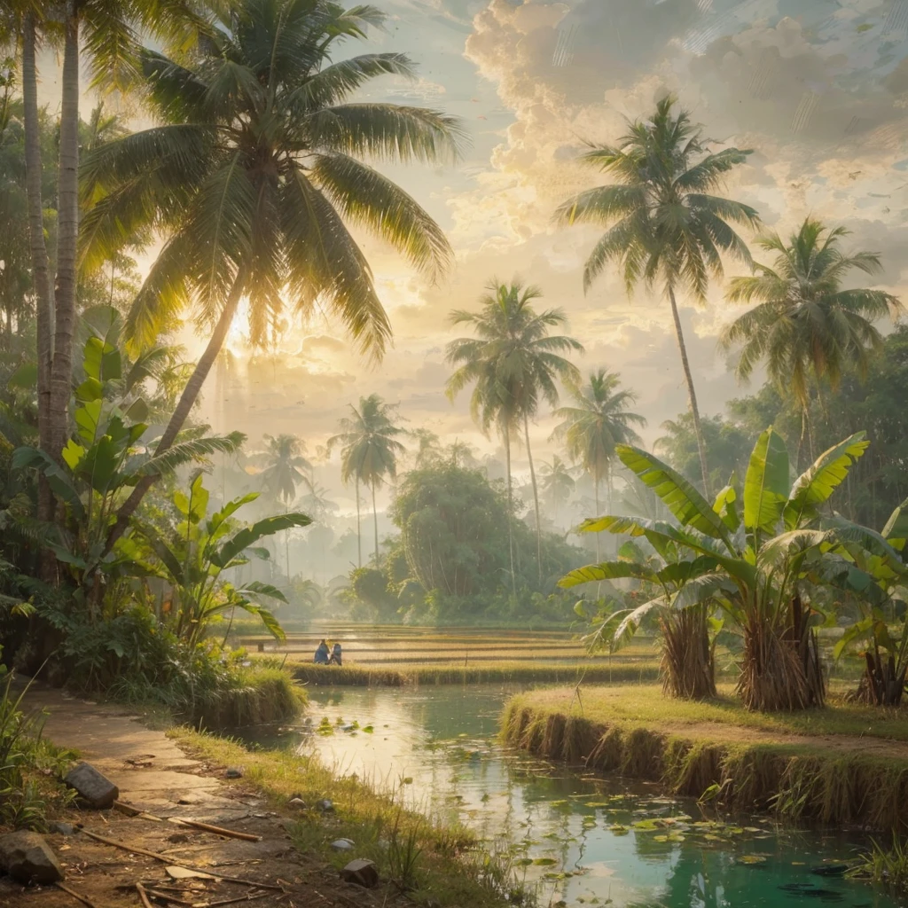 pallet knifehard palette painting, in a village in Kalimantan, Indonesia, there was a village community in 1935, several simple wooden houses with black thatch roofs , there is a forest, tall trees with big roots and low trees, banana tree, little human activity, dressed modestly, it started to get dark in the afternoon, there are rice fields and small lakes, Real picture, naturalistic, canvas base, palette knife, Raden Saleh style 1930 era., Affandi style."