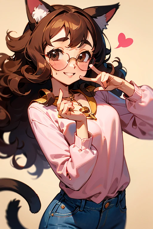 young woman, アニメ, very curly hair, curls, curls, dark brown hair, long hair, hair flying, Caucasian skin, brown dark eyes, Cat's ears, cat syrup, round golden glasses, little pink blouse, jeans, necklase, cheerful grin, pinky skin, blush cheeks, making sexy heart sign, nudes