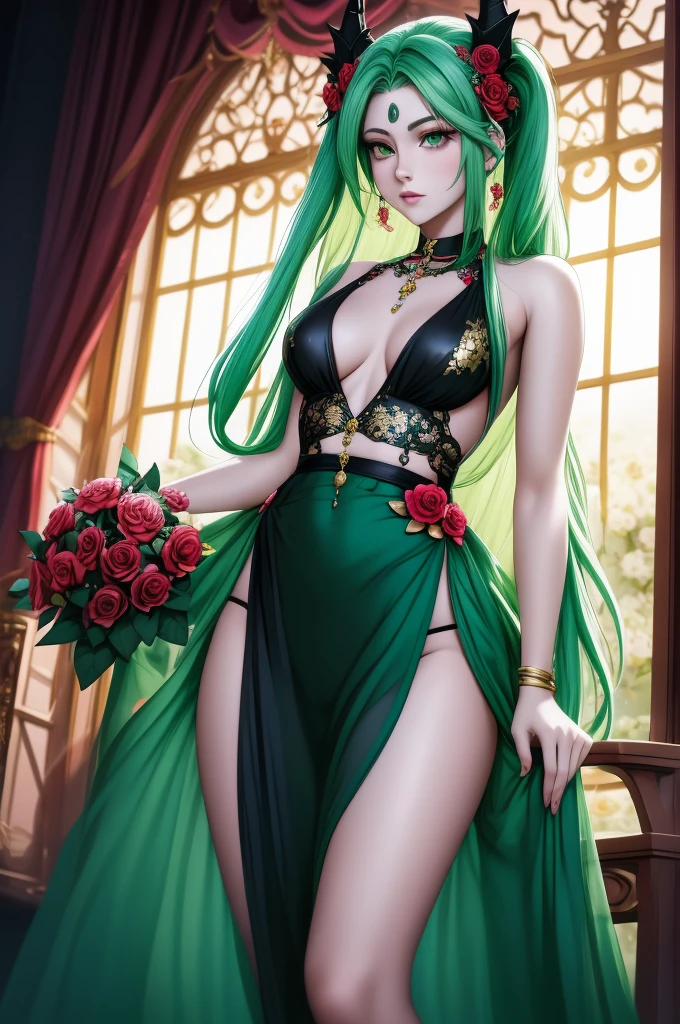 Exquisite and charming anime style illustration, Broly bat fusão com "Avril Lavigne" dark fênix in the roses black flower bed, a beautiful girl with gold red short neon short espetado hair, fine green eye, half body, hiding in the flowers dark black , colorful and dazzling black . Intricate details, rendering and painting techniques come together to create a mesmerizing scene that evokes elegance and otherworldly elegance.