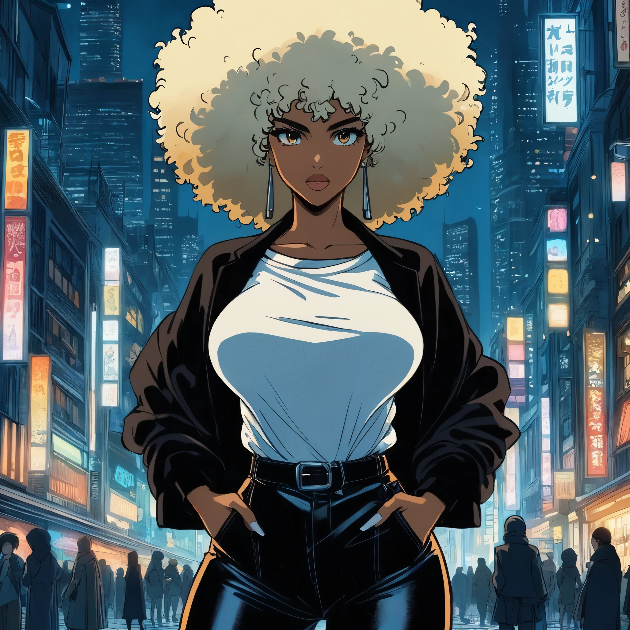 A mixed race woman with blond Afro with black jacket and white teeshirt, a white guy with turban on his head, by night in an old mystical shop, anime style, manga style,