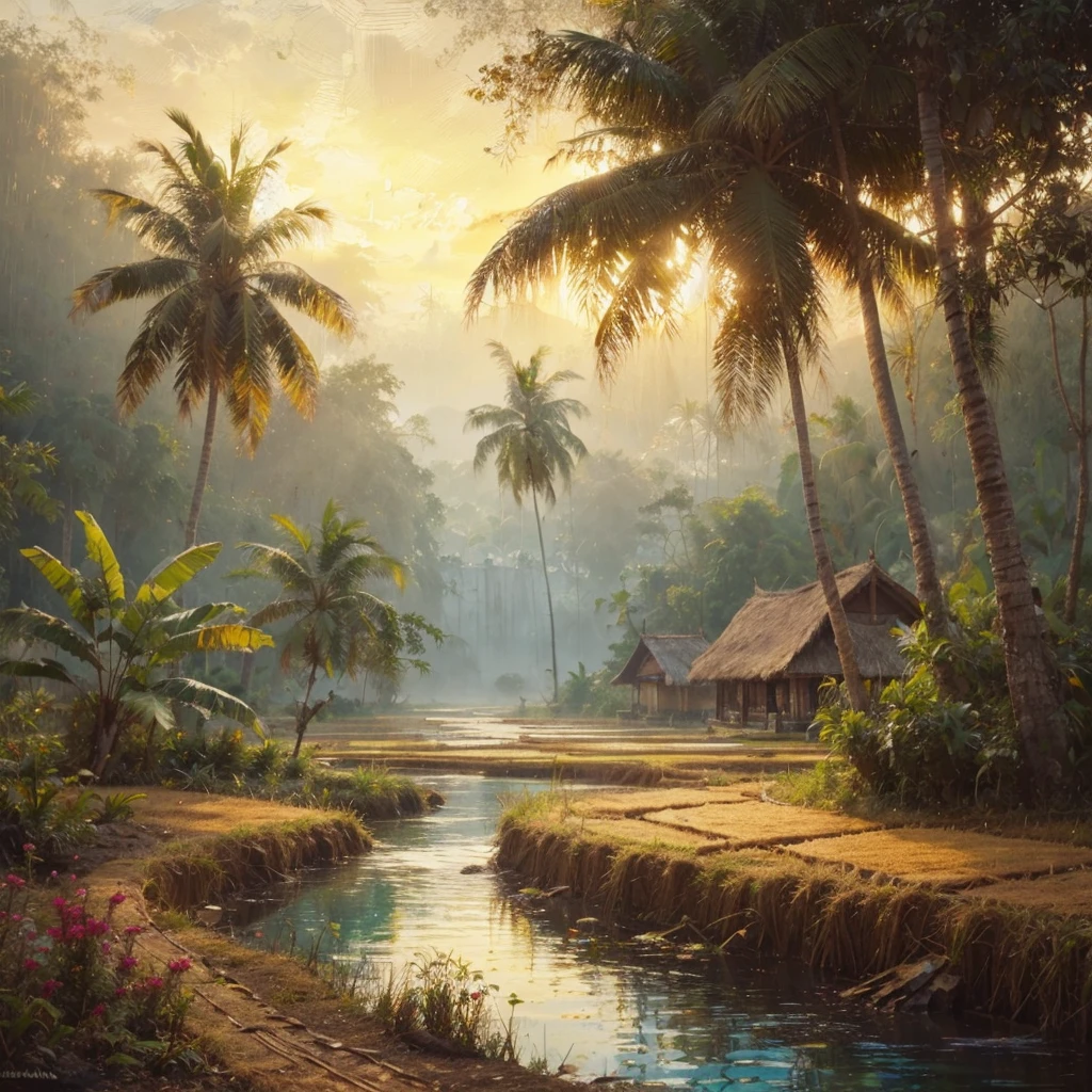 pallet knifehard palette painting, in a village in Kalimantan, Indonesia, there was a village community in 1935, several simple wooden houses with black thatch roofs , there is a forest, tall trees with big roots and low trees, banana tree, little human activity, dressed modestly, it started to get dark in the afternoon, there are rice fields and small lakes, Real picture, naturalistic, canvas base, palette knife, Raden Saleh style 1930 era., Affandi style."
