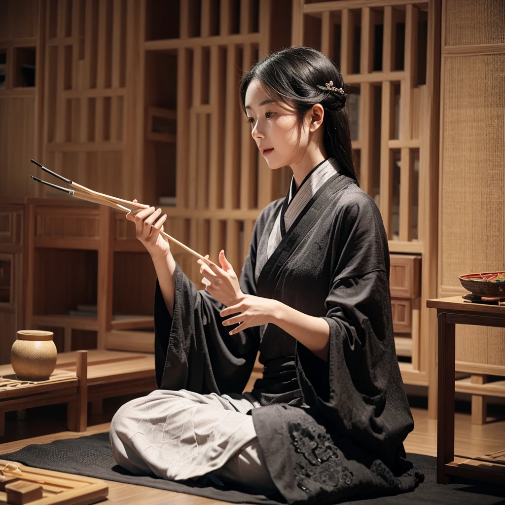 Gray and black Chinese style study room as background,A girl wearing Hanfu sitting at the desk,Light an incense stick on the table,Incense sticks are clearly visible,Leisure,Relax