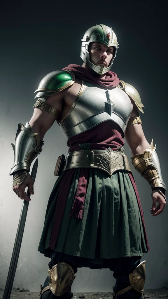Gladiator man with armor and closed gladiator helmet with green colors, white and red
