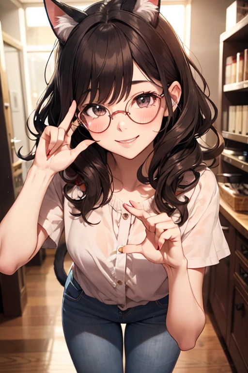 young woman, アニメ, very curly hair, curls, curls, dark brown hair, long hair, hair flying, Caucasian skin, brown dark eyes, Cat's ears, cat syrup, round golden glasses, little pink blouse, jeans, cheerful grin, pinky skin, blush cheeks, making sexy heart sign, nudes