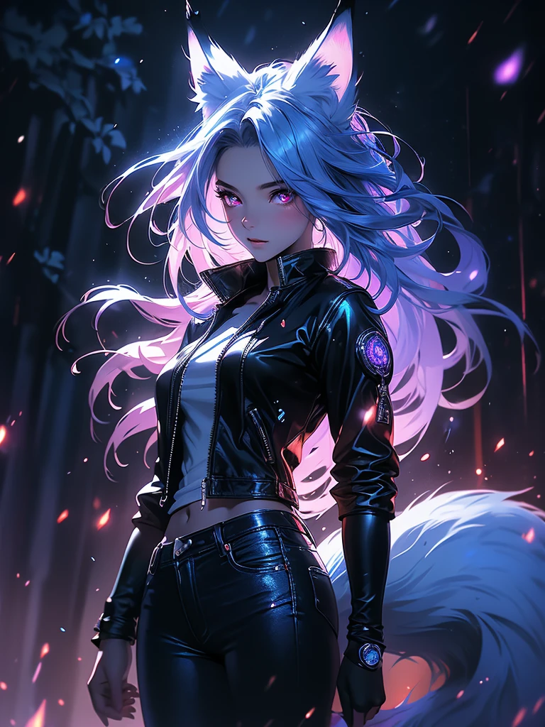 Dark fantasy style, blade runner style, hyperrealistic niji characters, crimson magical effects, cold blue neon color scheme, rain effect, bioluminescence effect, luminescent outline effect, white background, mystical wind effect. ((Fox girl dressed in a black leather jacket and blue jeans, fox ears, fox tail, kitsune, casts a spell, flirtatious)). (perfect details:1.1), (nice and clear background:1.2), (Extremely detailed computer graphics, ultra detailed, best shadow:1.1), (finely detailed beautiful eyes). VFX, cinematic lighting, vibrant colors, photorealistic, concept art style, high quality, 8K, HDR, physical rendering, extreme detail, blur, depth of field, and blurred foreground.