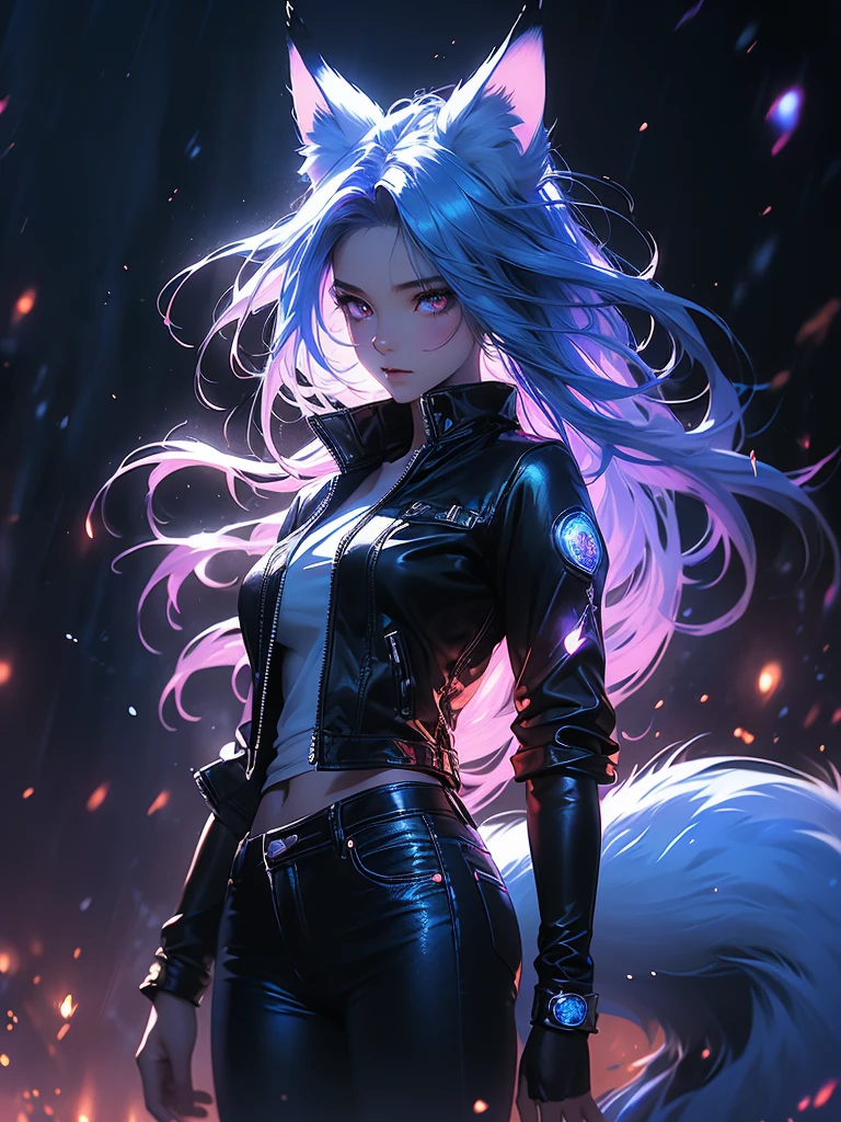 Dark fantasy style, blade runner style, hyperrealistic niji characters, crimson magical effects, cold blue neon color scheme, rain effect, bioluminescence effect, luminescent outline effect, white background, mystical wind effect. ((Fox girl dressed in a black leather jacket and blue jeans, fox ears, fox tail, kitsune, casts a spell, flirtatious)). (perfect details:1.1), (nice and clear background:1.2), (Extremely detailed computer graphics, ultra detailed, best shadow:1.1), (finely detailed beautiful eyes). VFX, cinematic lighting, vibrant colors, photorealistic, concept art style, high quality, 8K, HDR, physical rendering, extreme detail, blur, depth of field, and blurred foreground.