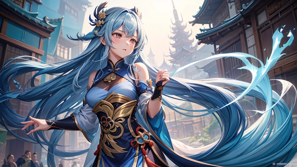 a picture of a girl with long hair and a blue dress, zhongli from genshin impact, guweiz, inspired by Cao Zhibai, keqing from genshin impact, cushart krenz key art feminine, zmonzheng, artwork in the style of guweiz, nezha, cushart kenz