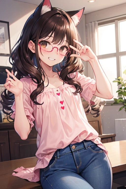 young woman, アニメ, very curly hair, curls, curls, dark brown hair, long hair, hair flying, Caucasian skin, brown dark eyes, Cat's ears, cat syrup, round golden glasses, little pink blouse, jeans, cheerful grin, pinky skin, blush cheeks, making sexy heart sign, nudes