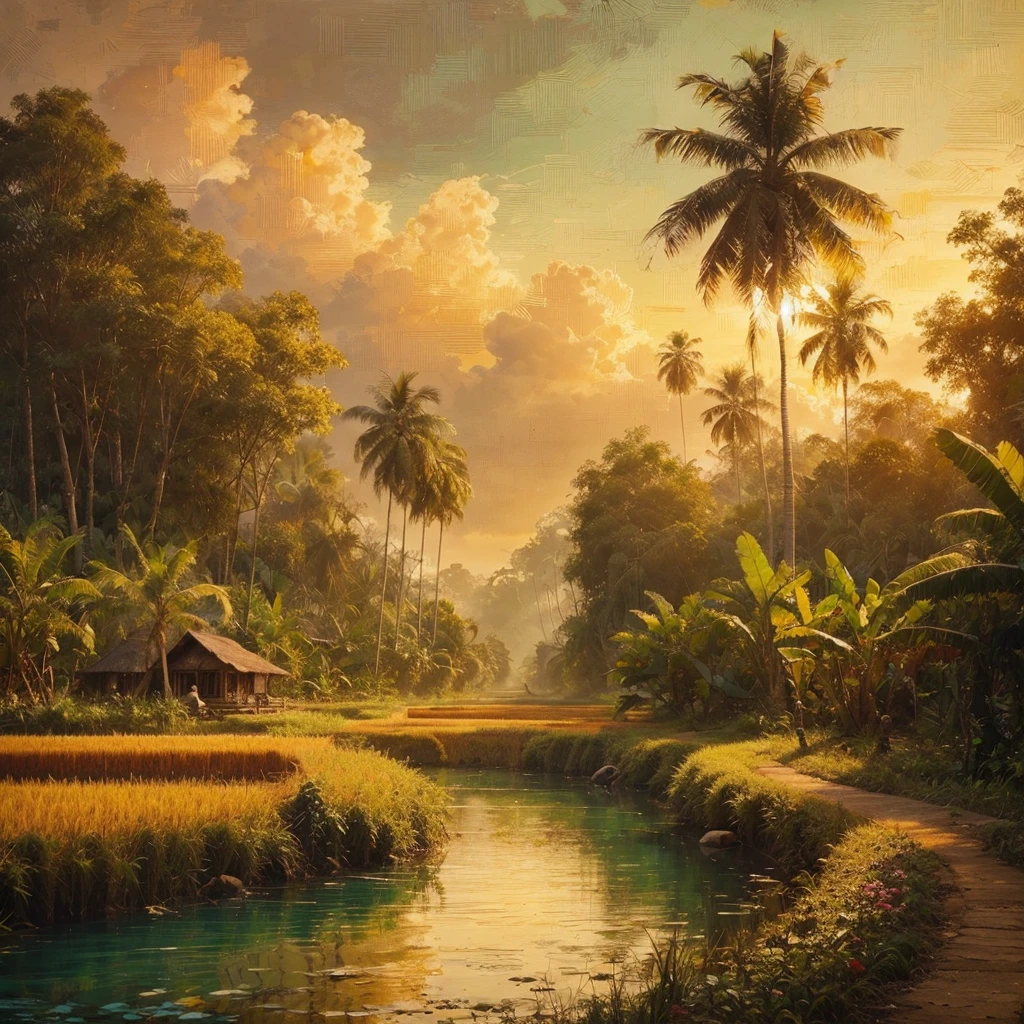 pallet knifehard palette painting, in a village in Kalimantan, Indonesia, there was a village community in 1935, several simple wooden houses with black thatch roofs , there is a forest, tall trees with big roots and low trees, banana tree, little human activity, dressed modestly, it started to get dark in the afternoon, there are rice fields and small lakes, Real picture, naturalistic, canvas base, palette knife, Raden Saleh style 1930 era., Affandi style."