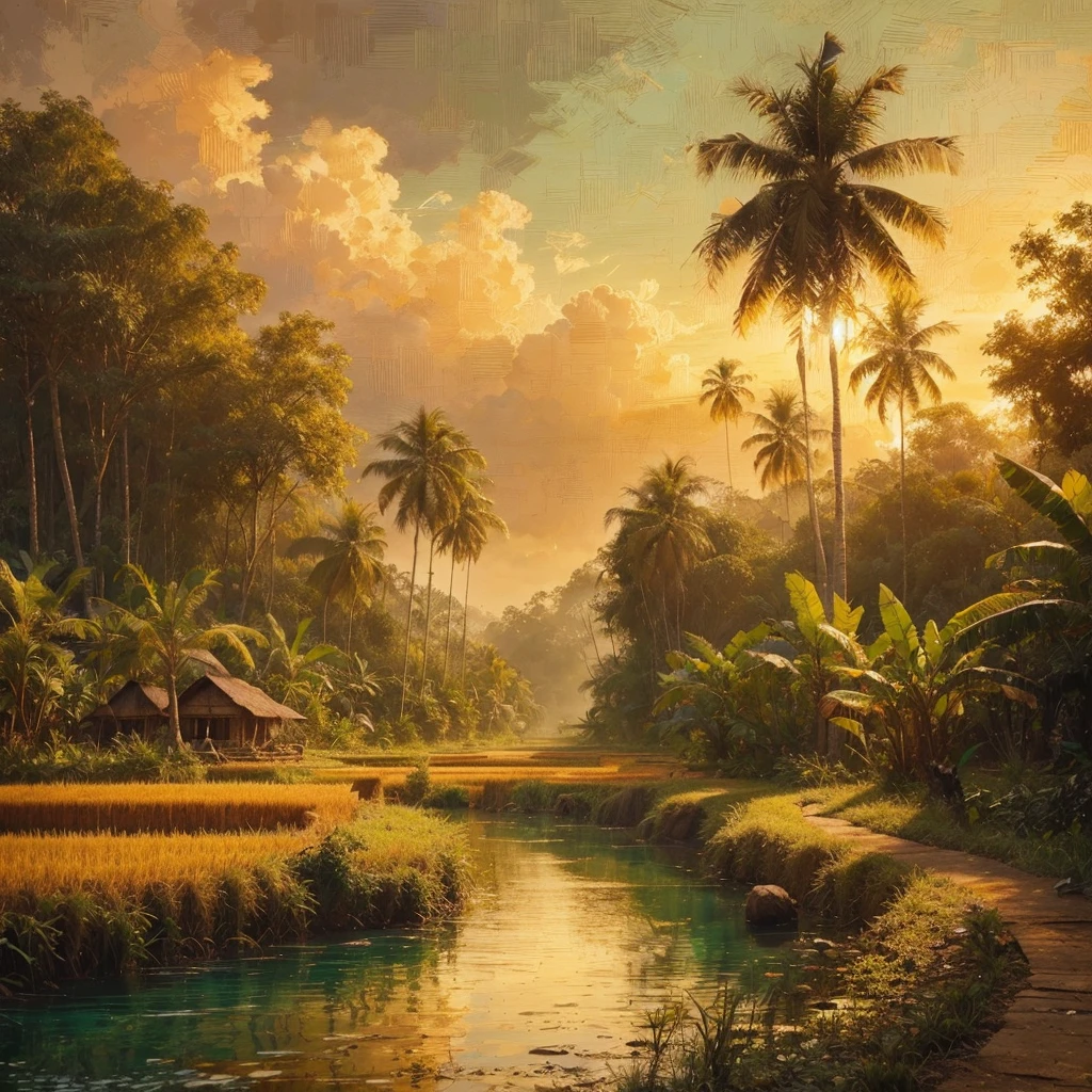 pallet knifehard palette painting, in a village in Kalimantan, Indonesia, there was a village community in 1935, several simple wooden houses with black thatch roofs , there is a forest, tall trees with big roots and low trees, banana tree, little human activity, dressed modestly, it started to get dark in the afternoon, there are rice fields and small lakes, Real picture, naturalistic, canvas base, palette knife, Raden Saleh style 1930 era., Affandi style."