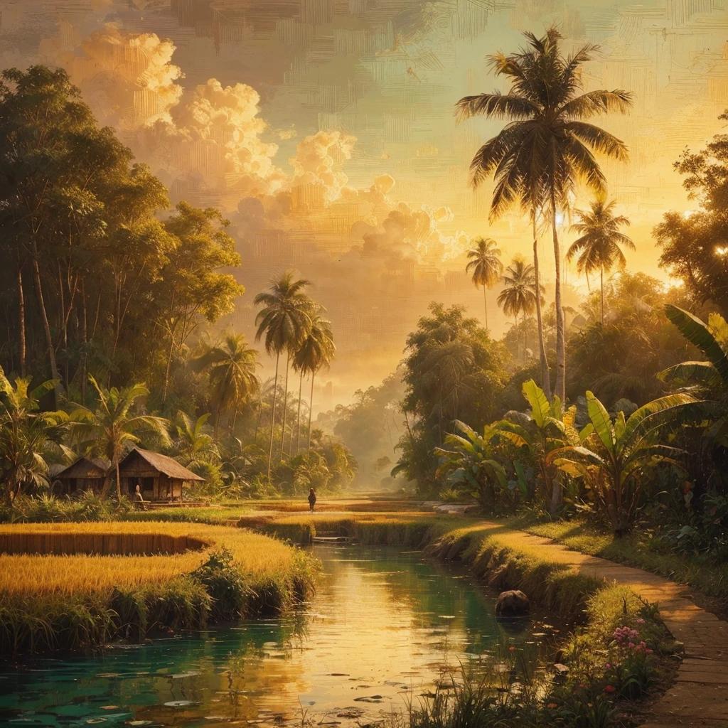 pallet knifehard palette painting, in a village in Kalimantan, Indonesia, there was a village community in 1935, several simple wooden houses with black thatch roofs , there is a forest, tall trees with big roots and low trees, banana tree, little human activity, dressed modestly, it started to get dark in the afternoon, there are rice fields and small lakes, Real picture, naturalistic, canvas base, palette knife, Raden Saleh style 1930 era., Affandi style."