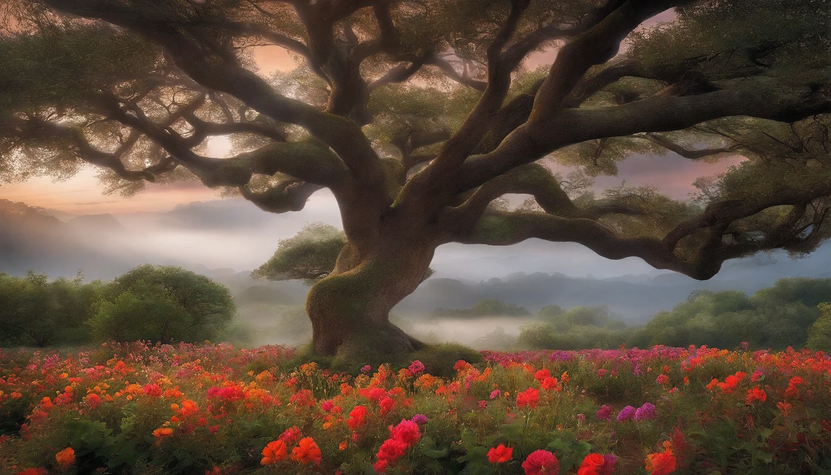 In a fantasy world, A magical garden unfolds before your eyes. A vast field of wildflowers stretches as far as the eye can see, creating a multicolored rug that seems to defy the laws of nature. Each flower is unique, its carved petals into abstract shapes and dazzling colors that have no parallel in the real world. As you move through this enchanted garden, Observe a majestic tree that dominates the landscape. This tree is unlike anything you've ever seen, with sinuous branches that reach into the sky like the tentacles of an ancient creature. Every branch of the tree shines with a soft, ethereal light, making it the focal point of this magical setting.