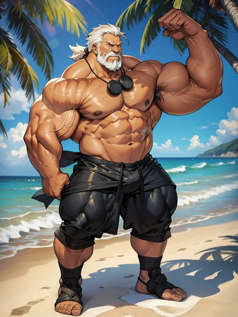 beach, extremely huge muscular, massive muscular, full-body, well-muscled old man. ((extremely muscle size, super thick arms, huge pec, extremely wide pectoral , huge arms)). and add details to make it attractive and interesting. Add textures and details to make the image more realistic, such as the appearance of the shirt texture and the appearance of the skin. Make sure the resulting image is high resolution, 8K quality."