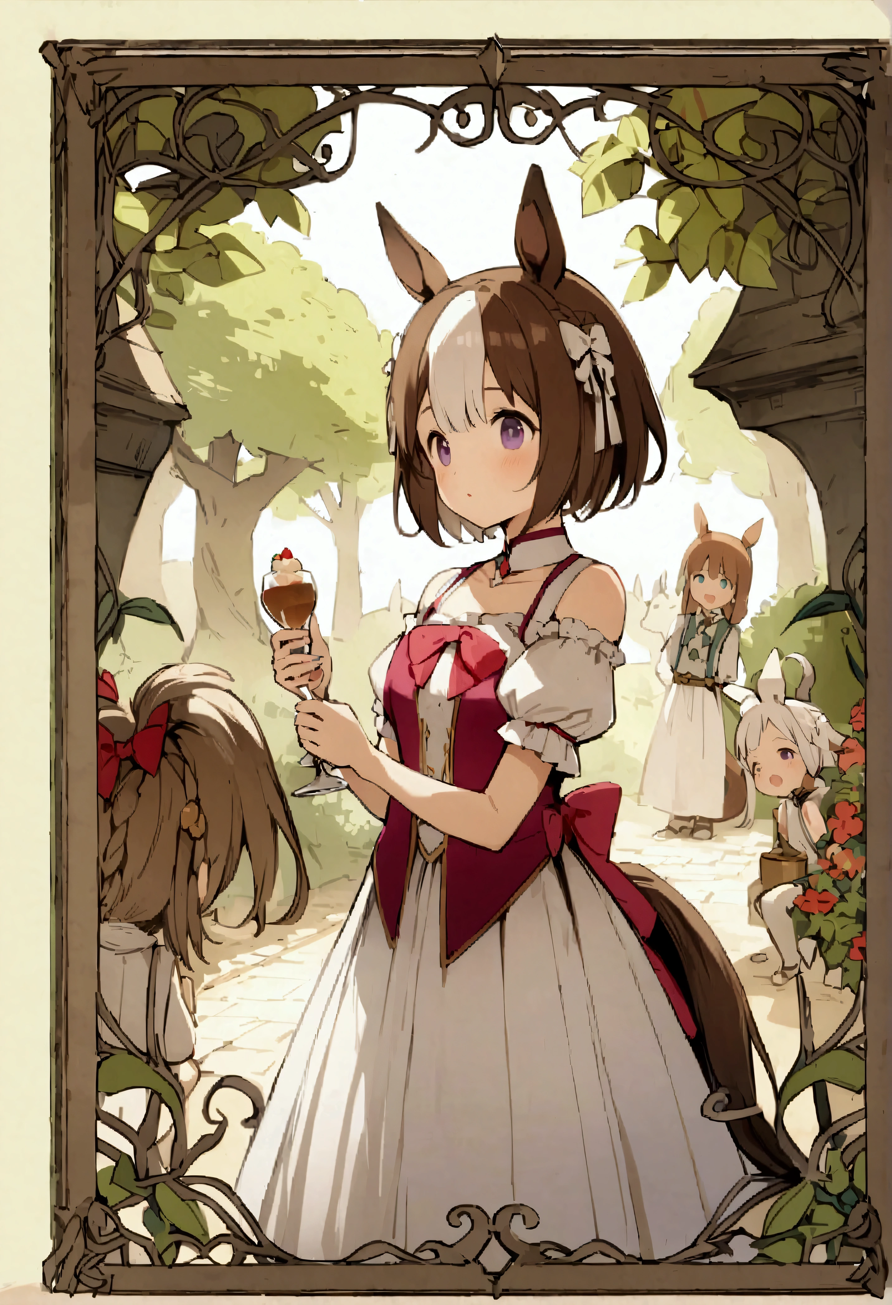 (Score 9、Score 8 up)、Score 7 up、zPDXL、、、MythAn1m3、source_アニメ、One girl、A special week\(Horse Girl\)、Horse Girl、Animal ears、Horse's ears、Horse's Daughter、Brown Hair、Multicolored Hair、tail、馬のtail、Short Hair、bow、White Hair、so beautiful、Fantasy、(Solo Focus:1.2)、Spectacular、Concept Art、Real、Very detailed