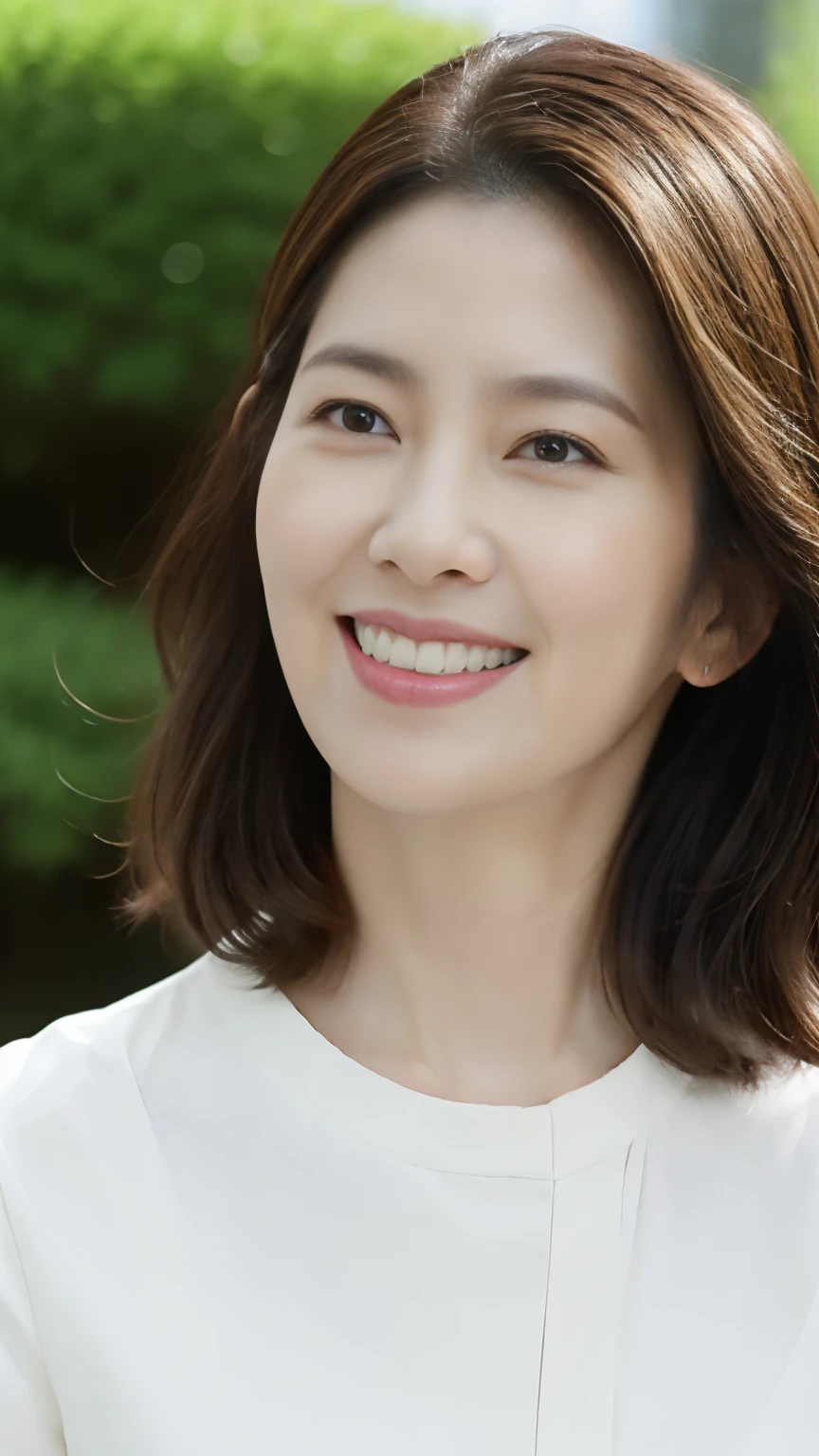 最high quality, In 8K, Masseter region, Real, Sharp focus, high quality, High resolution, Detailed face, Detailed eyes, Thick lips, Background Blur, alone, Middle-aged women, , 5, , Wavy Hair, Cleavage, Wearing a plain short-sleeved knit, Afternoon in front of the park garden, Wrinkles around the eyes, Smiling with teeth showing