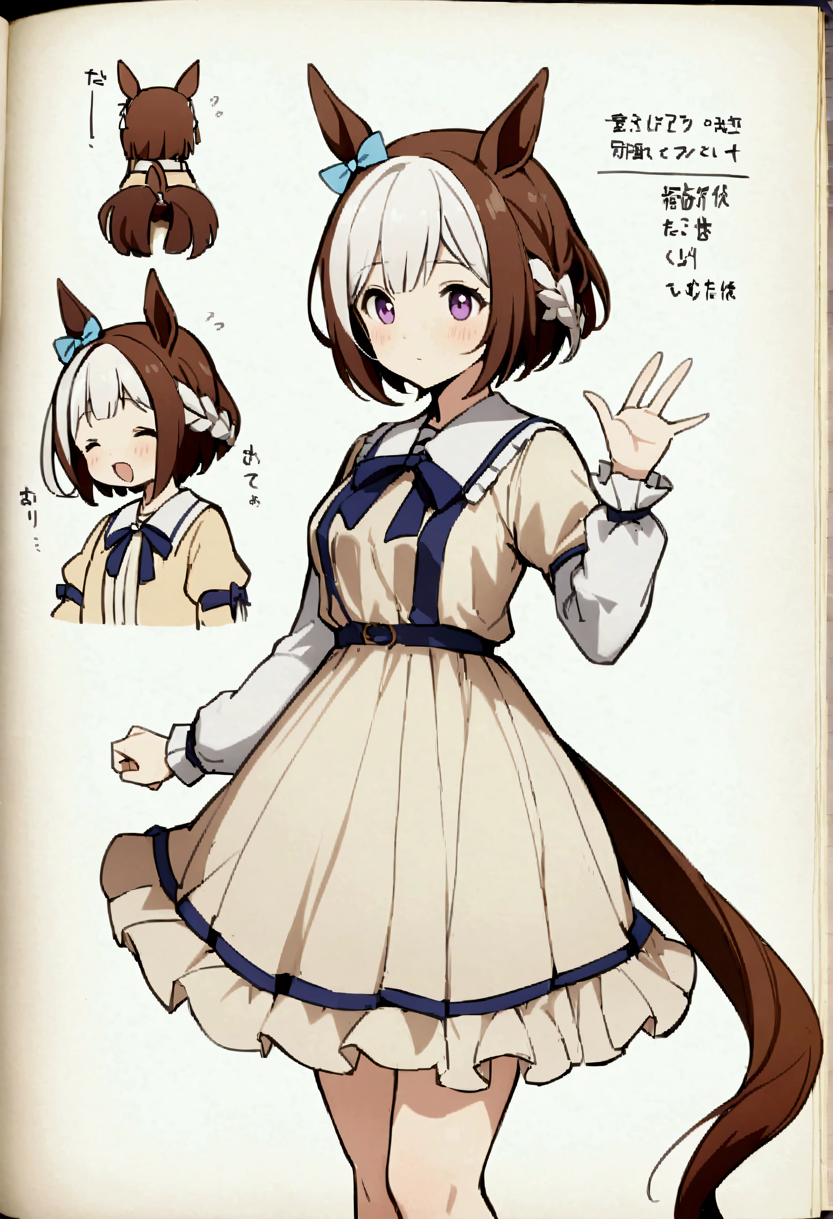 (Score 9、Score 8 up)、Score 7 up、zPDXL、、、MythAn1m3、source_アニメ、One girl、A special week\(Horse Girl\)、Horse Girl、Animal ears、Horse's ears、Horse's Daughter、Brown Hair、Multicolored Hair、tail、馬のtail、Short Hair、bow、White Hair、so beautiful、Fantasy、(Solo Focus:1.2)、Spectacular、Concept Art、Real、Very detailed